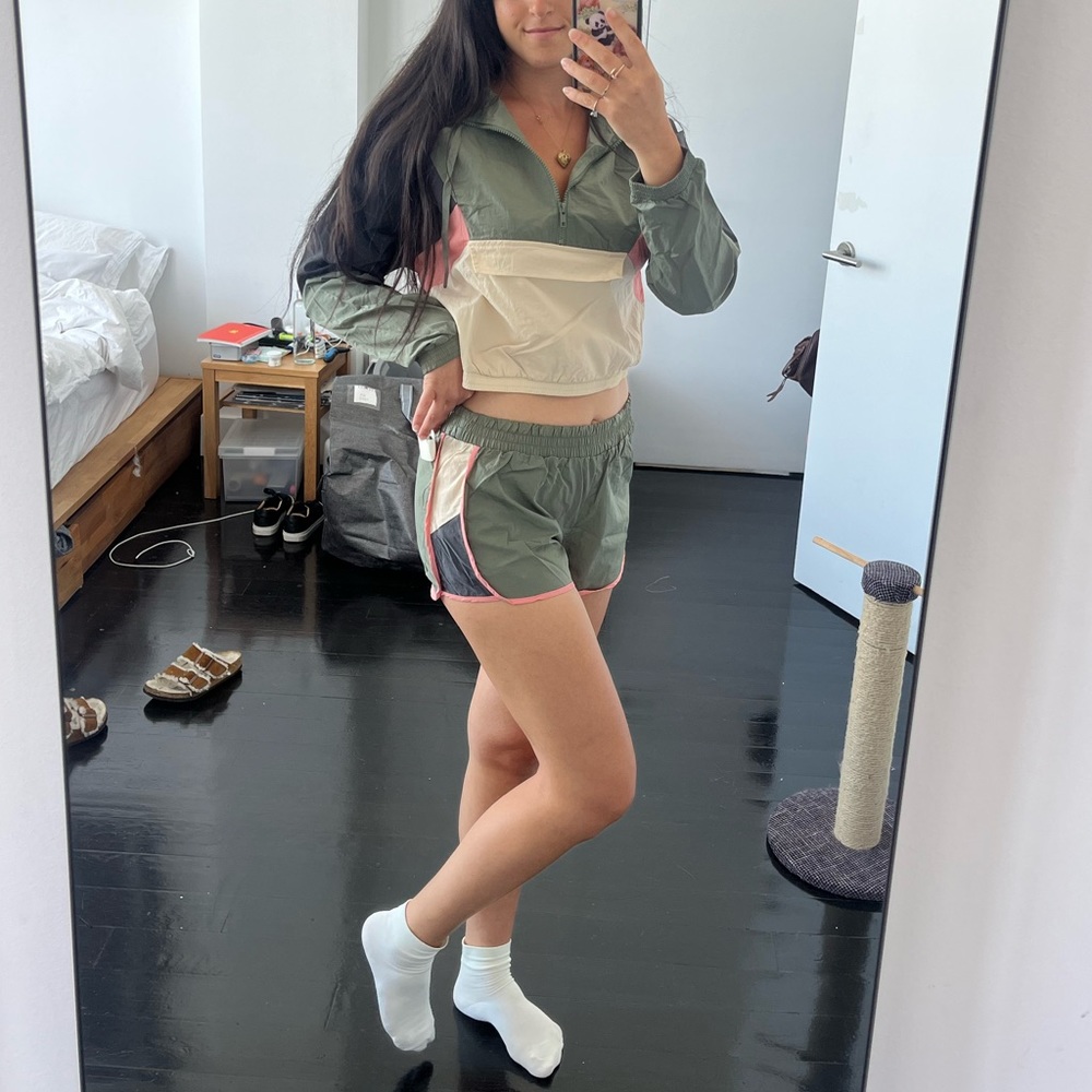AERO NWT Army Green and Pink Windbreaker zip up and shorts athletic set